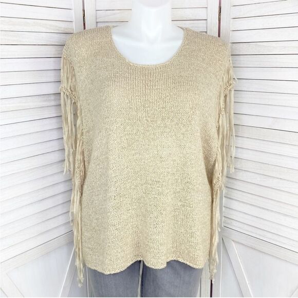 Chico’s Boho Western Tarrin Tape Yarn Fringe Poncho Sweater Taupe Tan Large XL - Picture 1 of 11